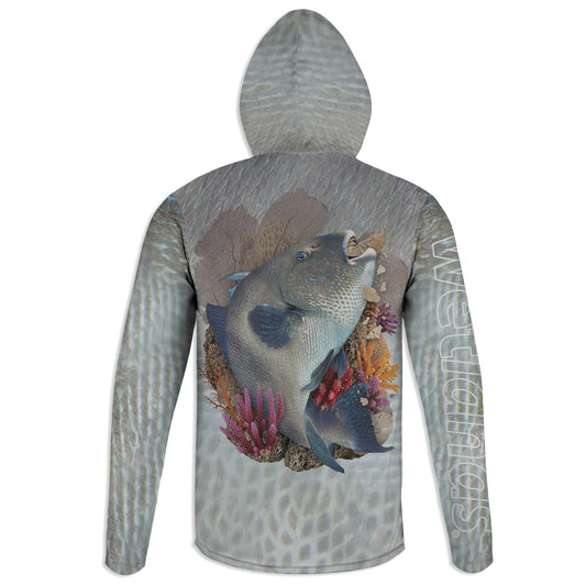 Gray Triggerfish - Unisex Long Sleeve Sun Proof Performance Fishing Top with built in Hoodie and Gaiter (short sleeve option also available)