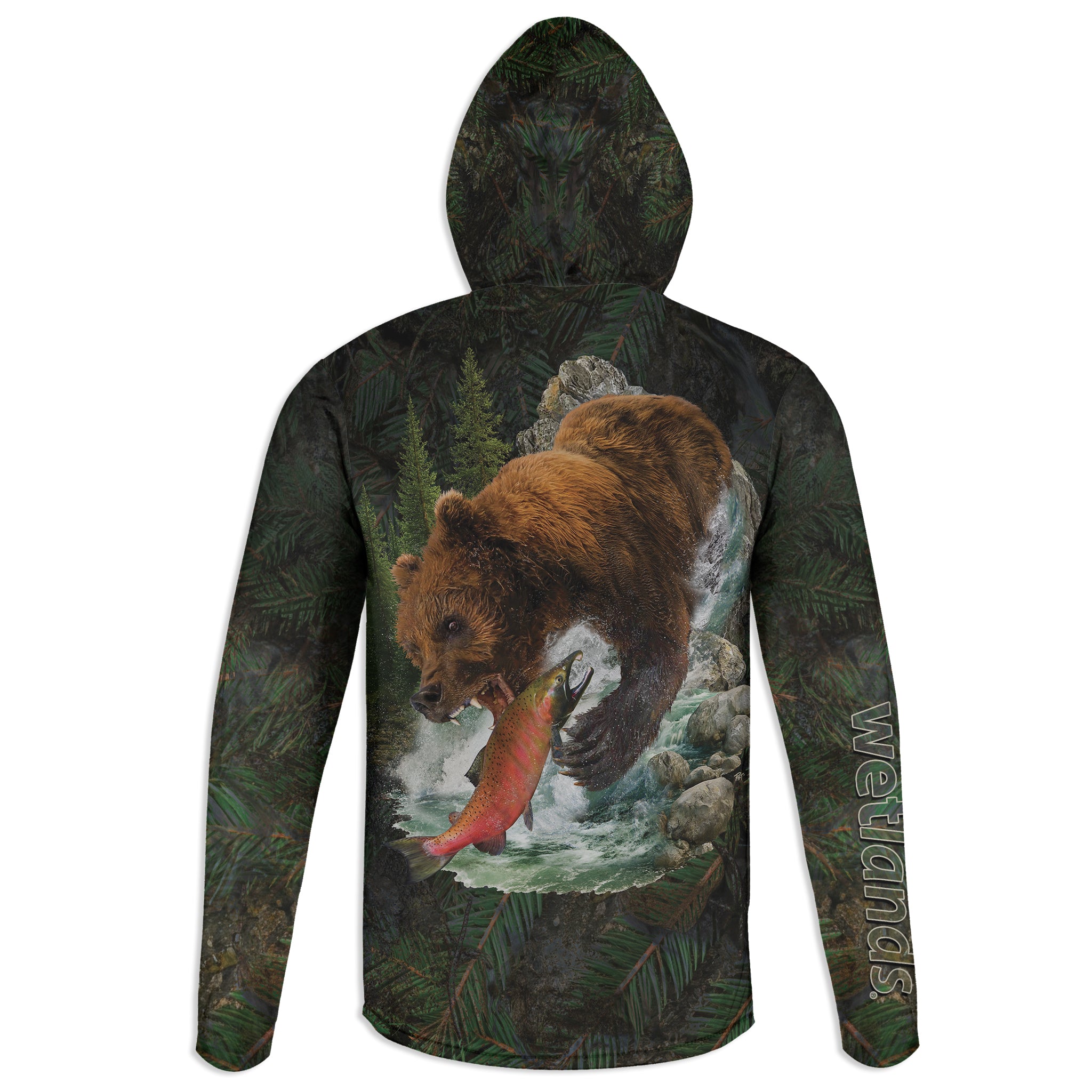 Grizzly and Salmon - Unisex Long Sleeve Sun Proof Performance Fishing Top with built in Hoodie (short sleeve option also available)