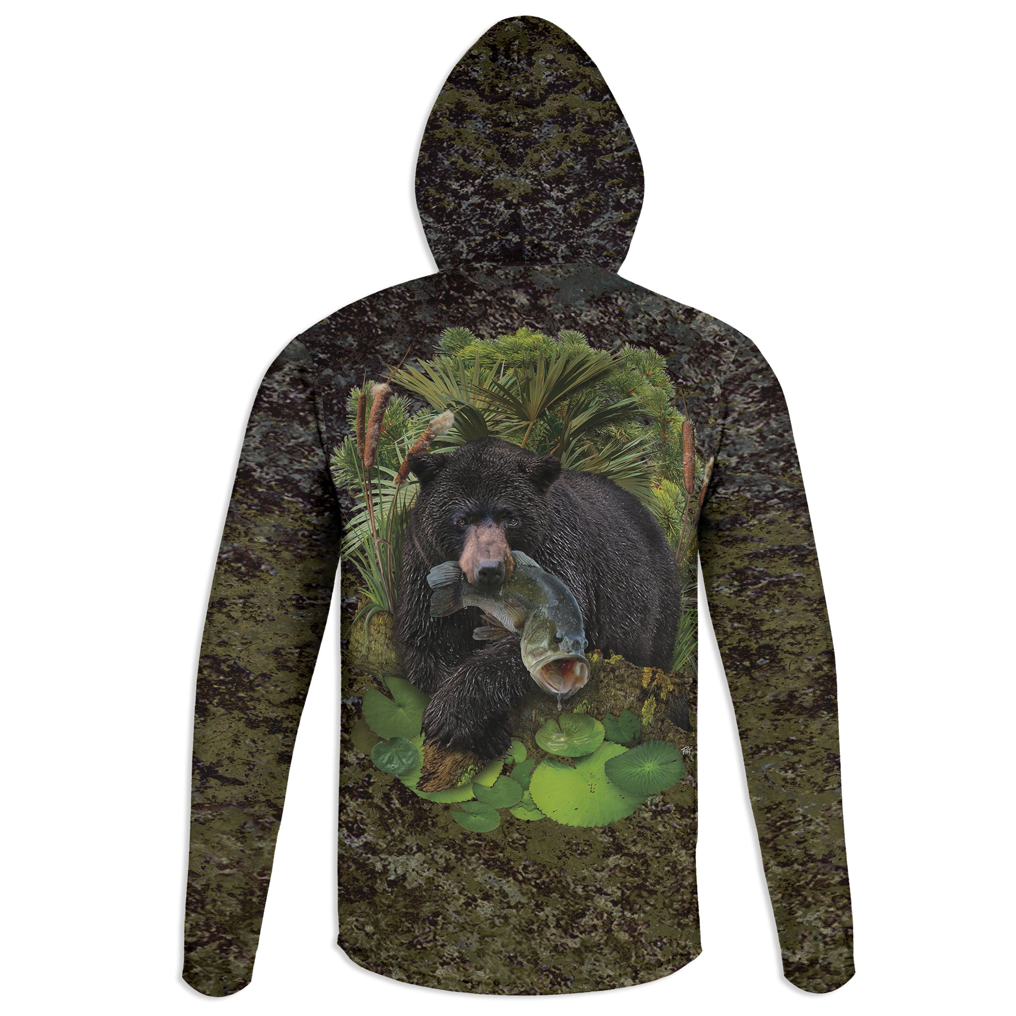 Black Bear and Bass - Unisex Long Sleeve Sun Proof Performance Fishing Top with built in Hoodie (short sleeve option also available)
