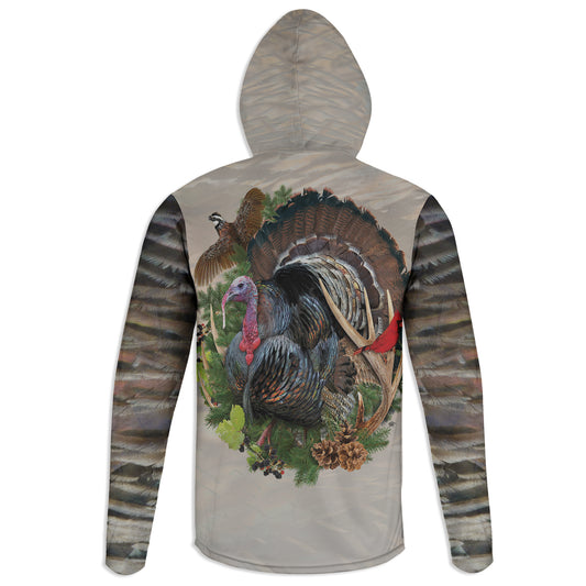 Wild Turkey and Quail - Unisex Long Sleeve Sun Proof Performance Fishing Top with built in Hoodie (short sleeve option also available)