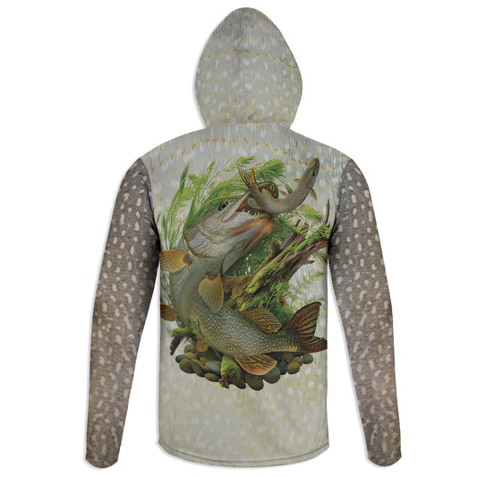 Northern Pike - Unisex Long Sleeve Sun Proof Performance Fishing Top with built in Hoodie and Gaiter (short sleeve option also available)