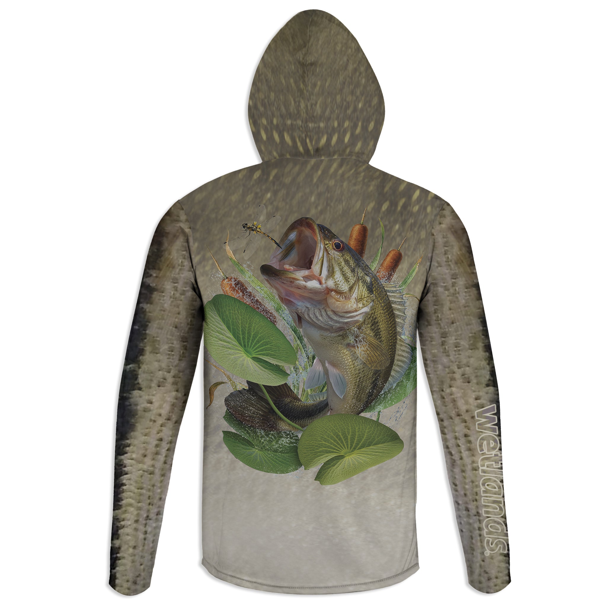 Bass and Dragonfly - Unisex Long Sleeve Sun Proof Performance Fishing Top with built in Hoodie and Gaiter (short sleeve option also available)
