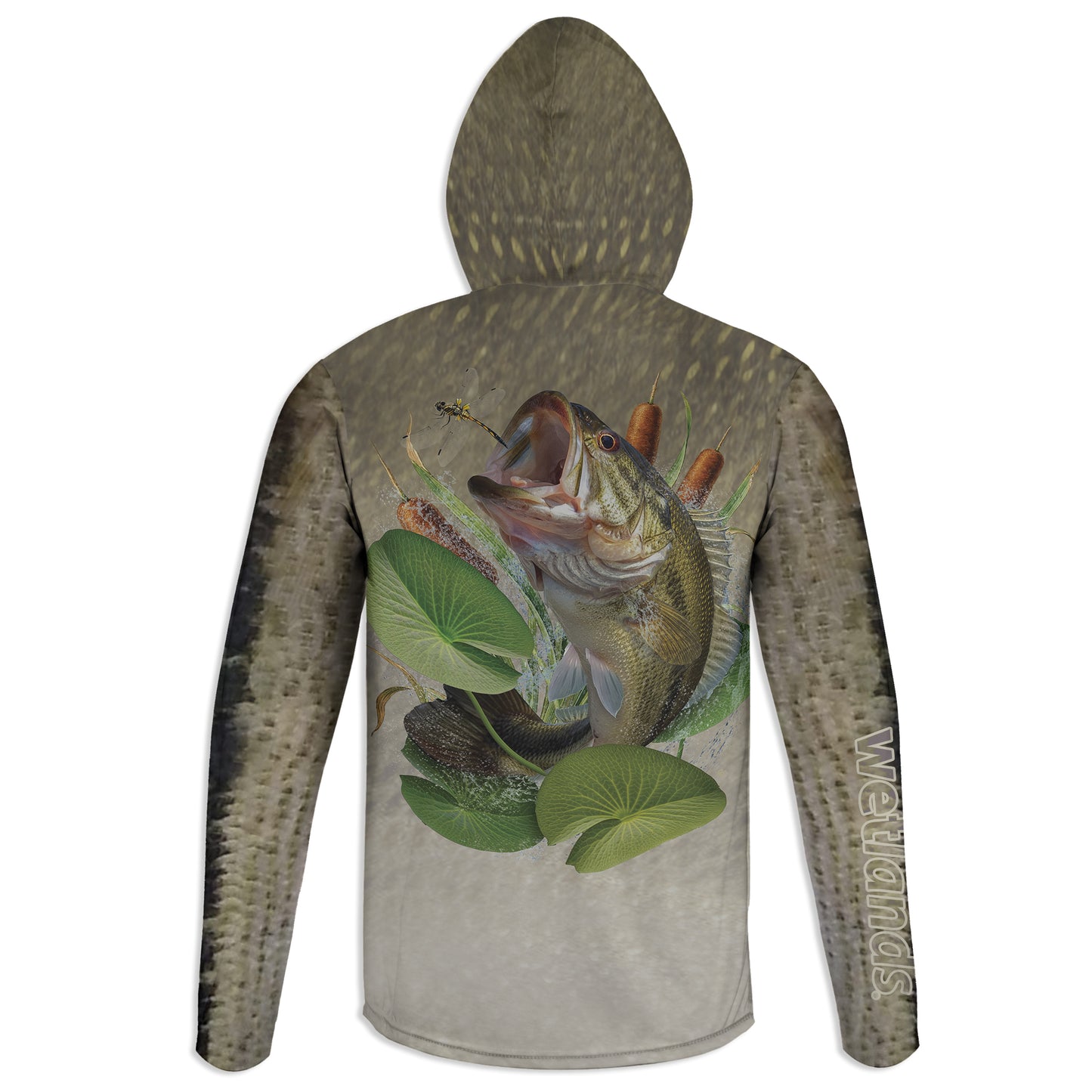 Bass and Dragonfly - Unisex Long Sleeve Sun Proof Performance Fishing Top with built in Hoodie and Gaiter (short sleeve option also available)