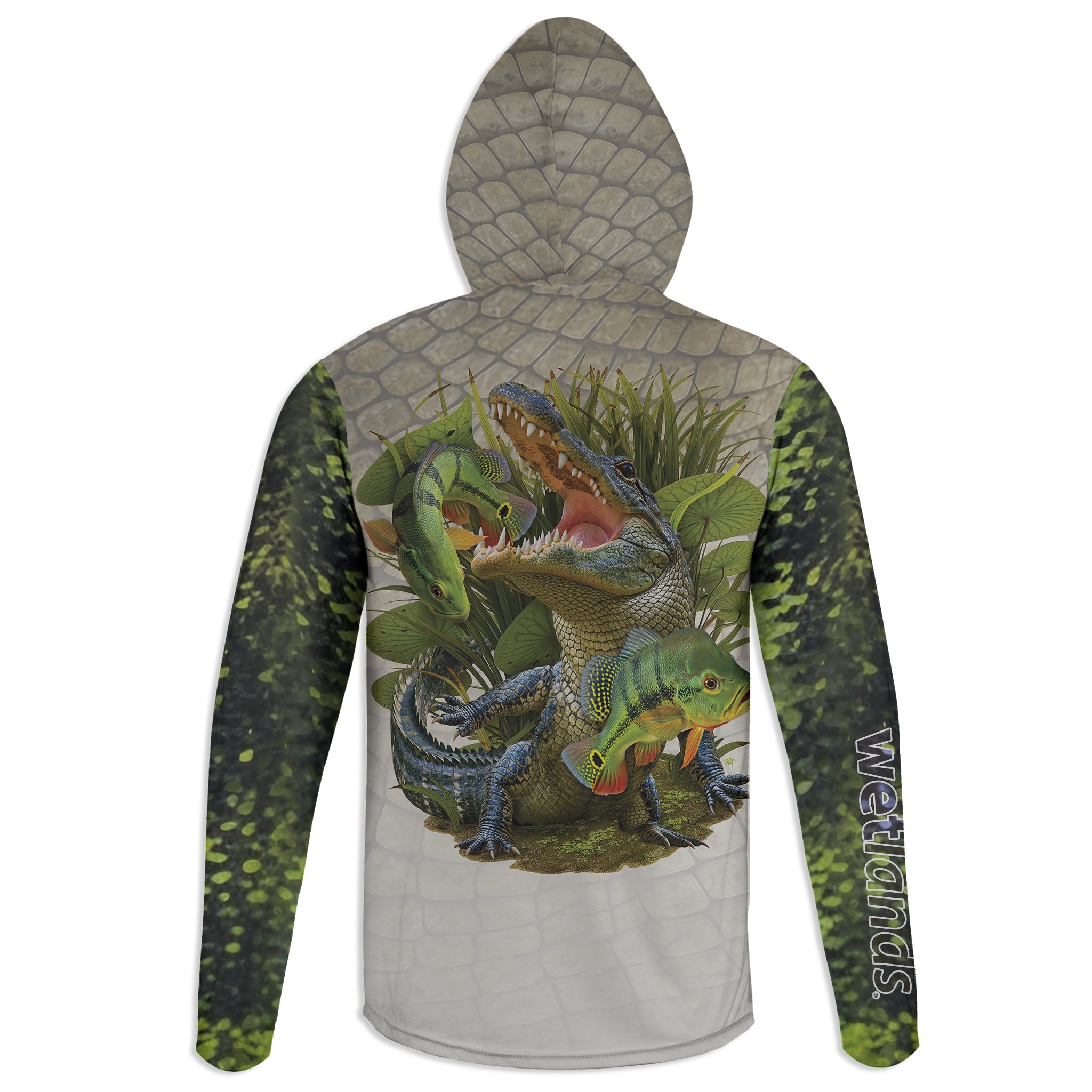 Alligator and Peacocks - Unisex Long Sleeve Sun Proof Performance Fishing Top with built in Hoodie and Gaiter (short sleeve option also available)