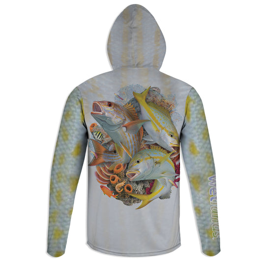 Lane and Yellowtail Snappers - Unisex Long Sleeve Sun Proof Performance Fishing Top with built in Hoodie and Gaiter (short sleeve option also available)