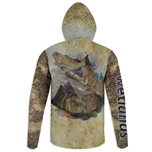 Goliath Grouper - Unisex Long Sleeve Sun Proof Performance Fishing Top with built in Hoodie and Gaiter (short sleeve option also available)
