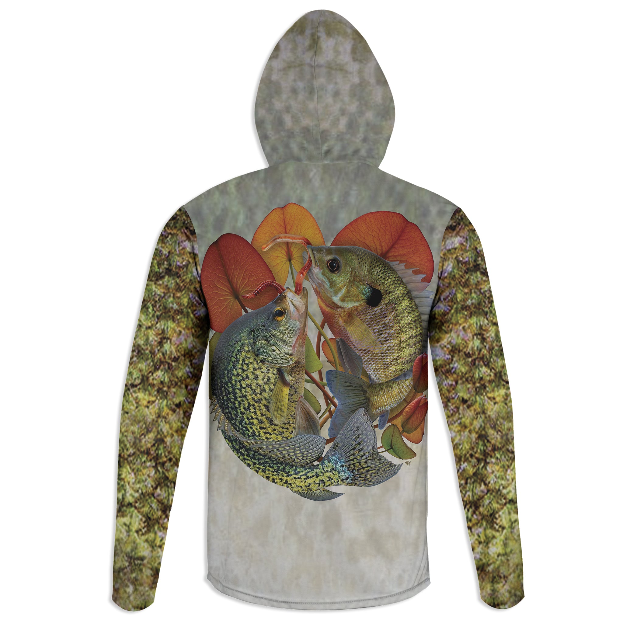 Crappie vs Bluegill - Unisex Long Sleeve Sun Proof Performance Fishing Top with built in Hoodie and Gaiter (short sleeve option also available)