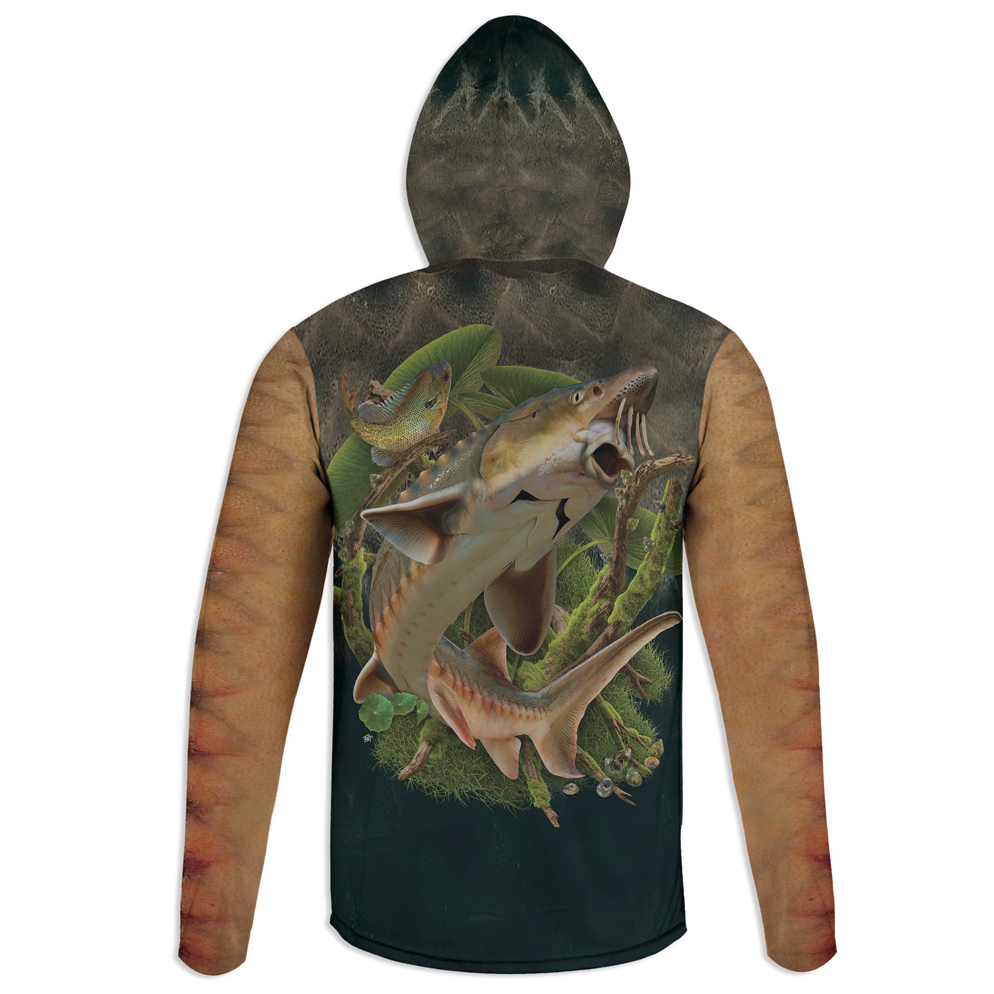 Shortnose Sturgeon - Unisex Long Sleeve Sun Proof Performance Fishing Top with built in Hoodie and Gaiter (short sleeve option also available)
