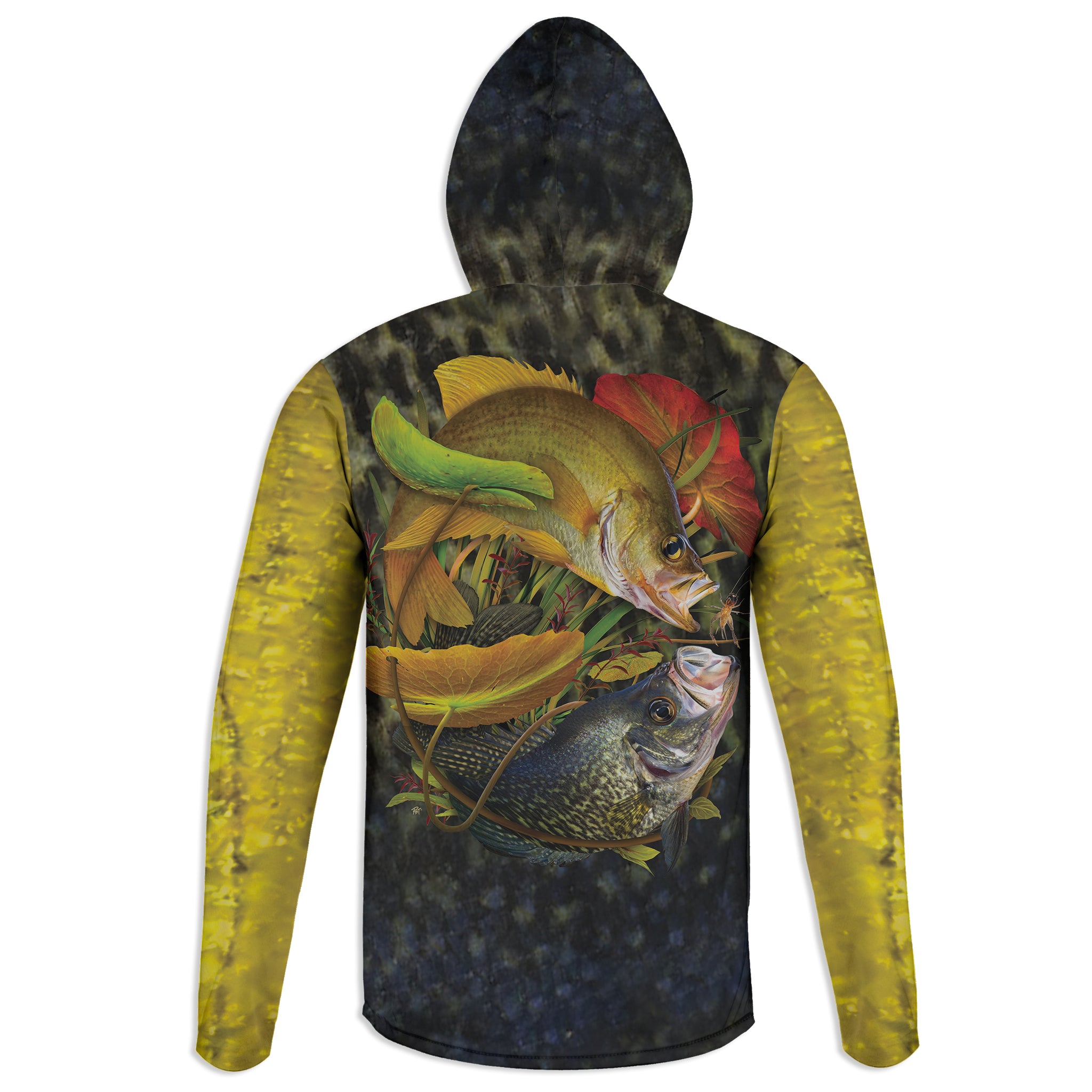 Golden and Black Crappie - Unisex Long Sleeve Sun Proof Performance Fishing Top with built in Hoodie and Gaiter (short sleeve option also available)