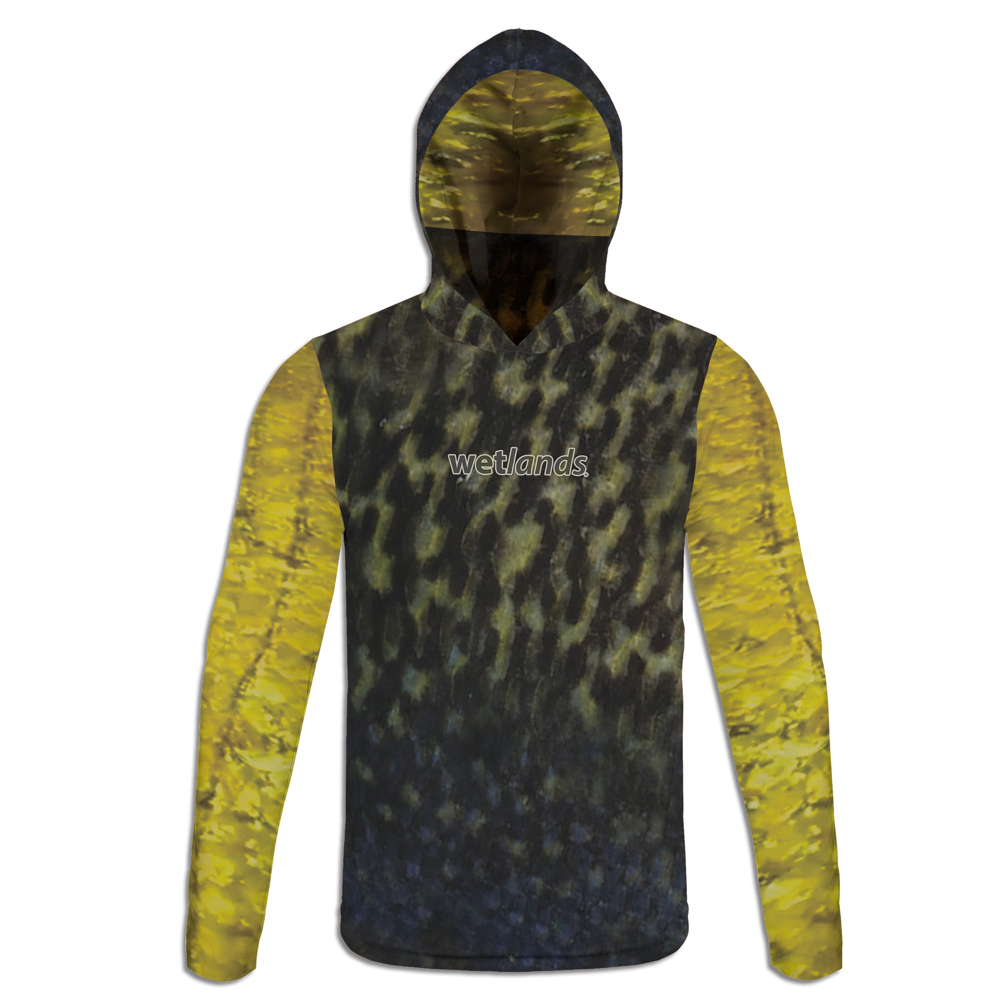 Golden and Black Crappie - Unisex Long Sleeve Sun Proof Performance Fishing Top with built in Hoodie and Gaiter (short sleeve option also available)