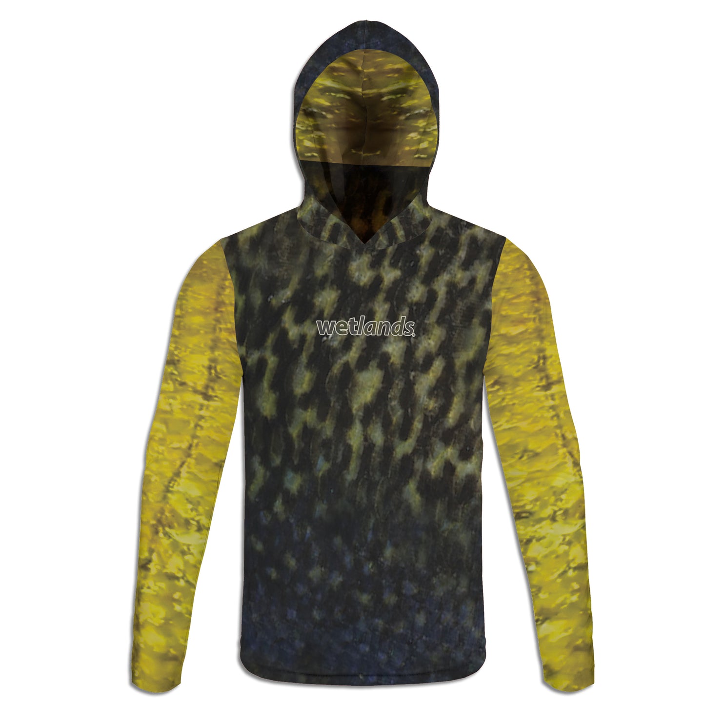 Golden and Black Crappie - Unisex Long Sleeve Sun Proof Performance Fishing Top with built in Hoodie and Gaiter (short sleeve option also available)