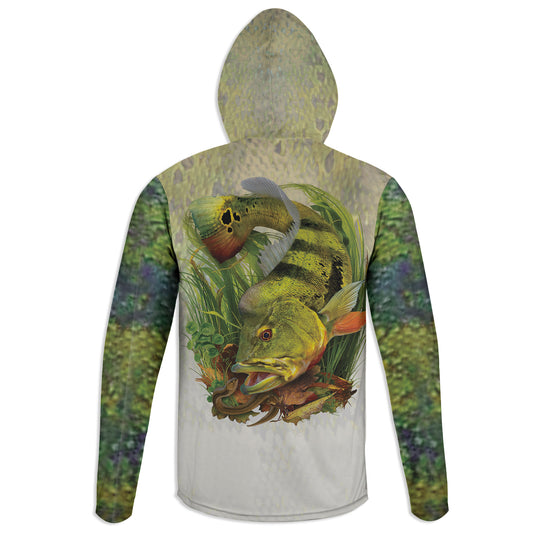 Peacock and Swamp Eel - Unisex Long Sleeve Sun Proof Performance Fishing Top with built in Hoodie and Gaiter (short sleeve option also available)