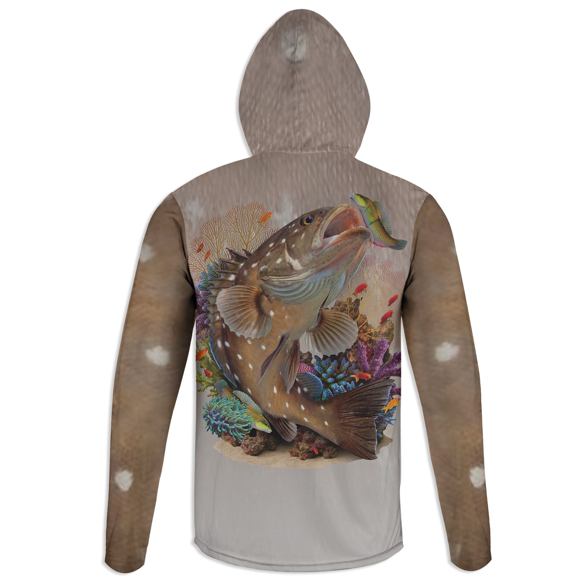 Snowy Grouper - Unisex Long Sleeve Sun Proof Performance Fishing Top with built in Hoodie and Gaiter (short sleeve option also available)
