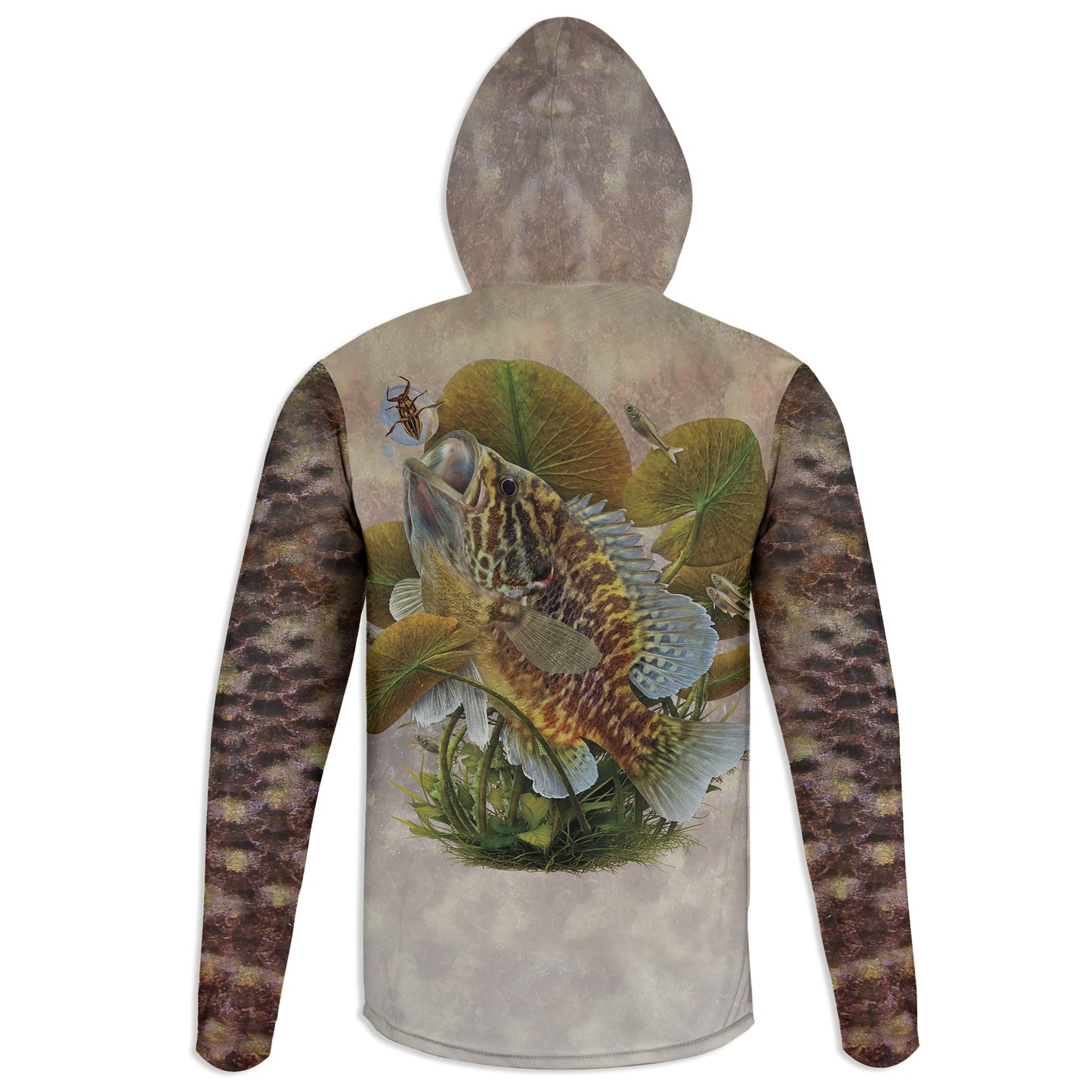 Warmouth Bass - Unisex Long Sleeve Sun Proof Performance Fishing Top with built in Hoodie and Gaiter (short sleeve option also available)