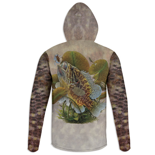 Warmouth Bass - Unisex Long Sleeve Sun Proof Performance Fishing Top with built in Hoodie and Gaiter (short sleeve option also available)