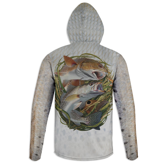 Redfish and Spec - Unisex Long Sleeve Sun Proof Performance Fishing Top with built in Hoodie and Gaiter (short sleeve option also available)
