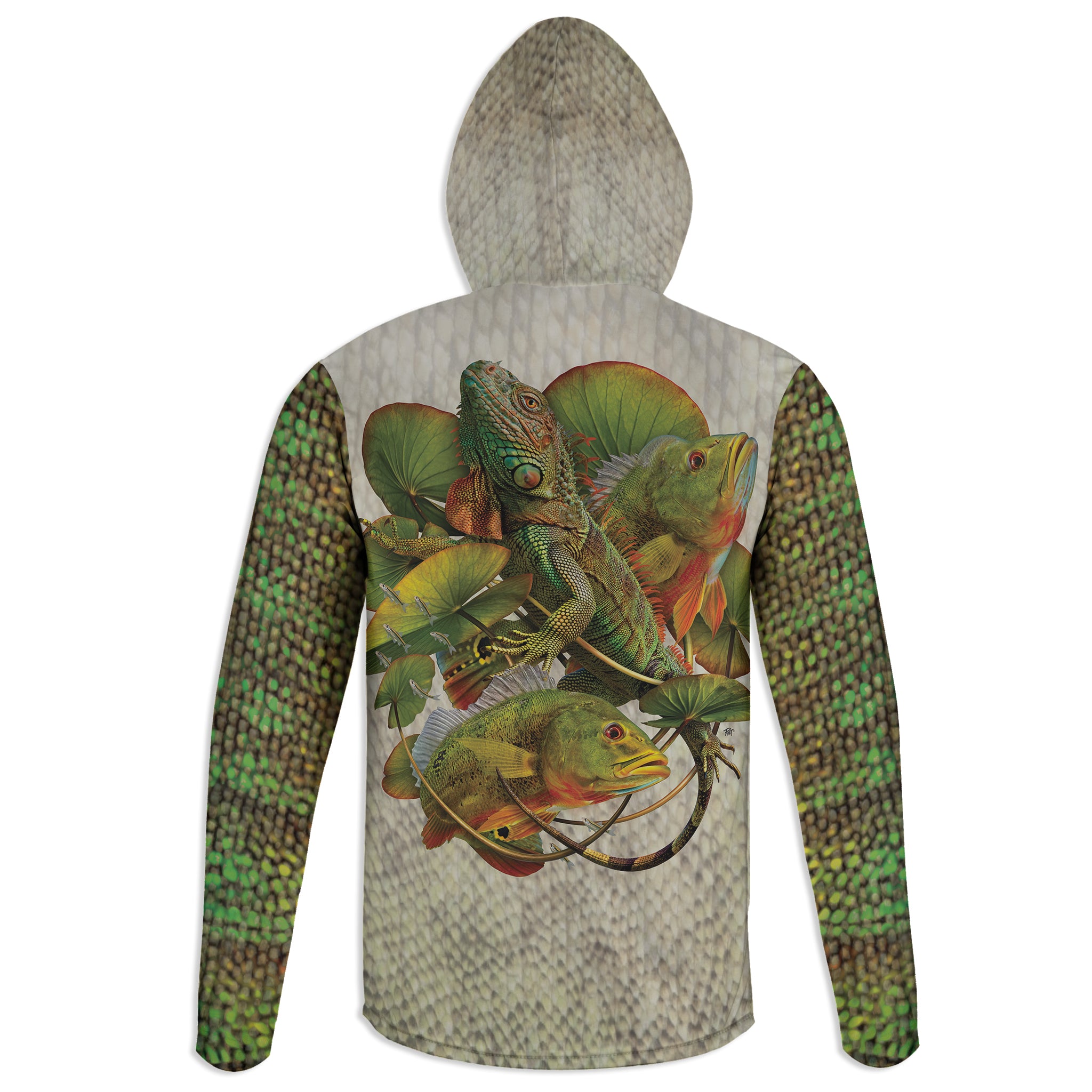 Iguana and Peacocks - Unisex Long Sleeve Sun Proof Performance Fishing Top with built in Hoodie and Gaiter (short sleeve option also available)