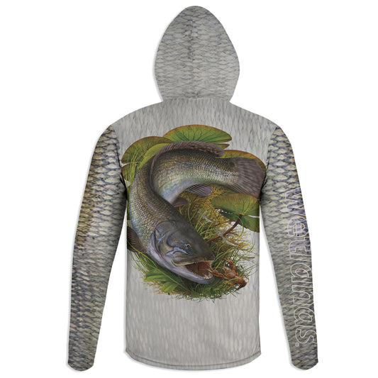Bowfin and Crayfish - Unisex Long Sleeve Sun Proof Performance Fishing Top with built in Hoodie and Gaiter (short sleeve option also available)