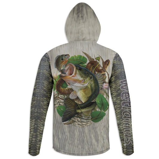 Bass and Water Snake - Unisex Long Sleeve Sun Proof Performance Fishing Top with built in Hoodie and Gaiter (short sleeve option also available)