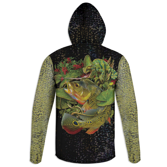 Veiled Chameleon and Peacock - Unisex Long Sleeve Sun Proof Performance Fishing Top with built in Hoodie and Gaiter (short sleeve option also available)