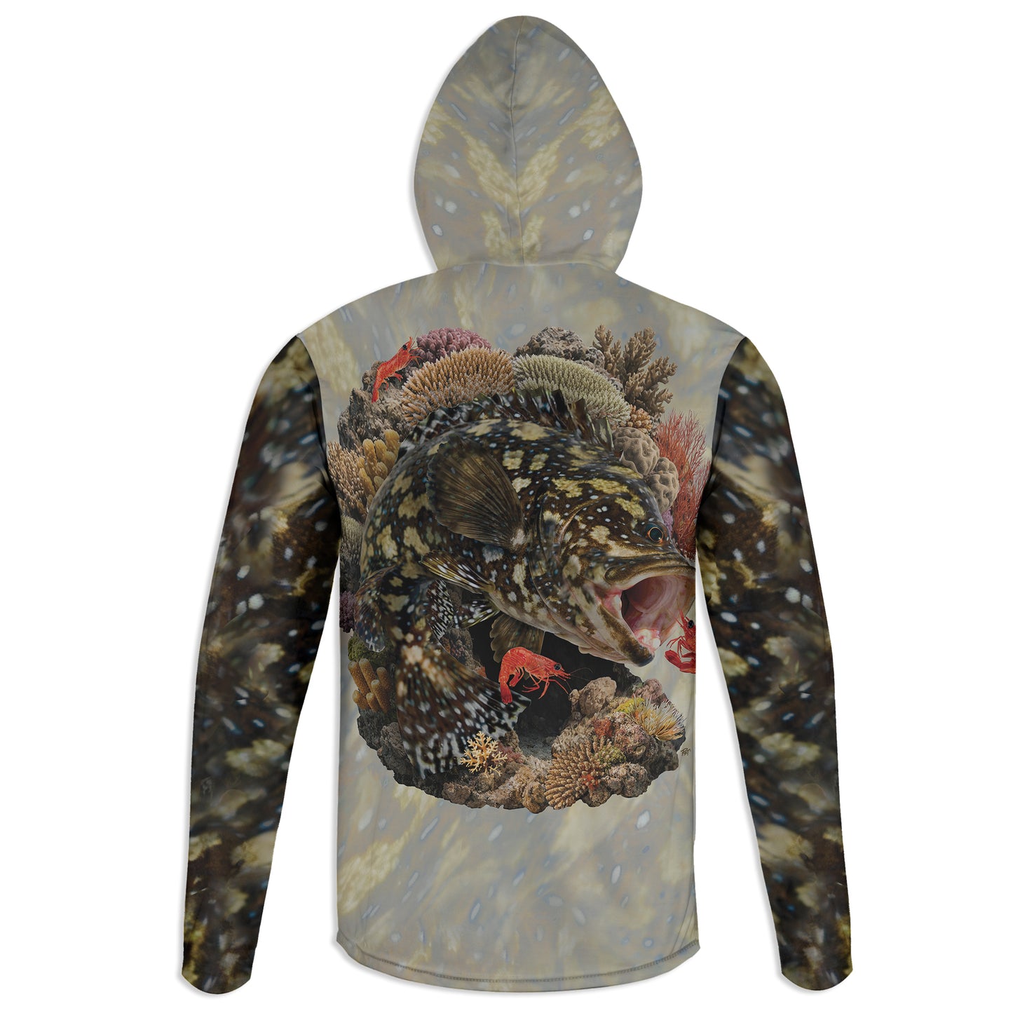 Marbled Grouper - Unisex Long Sleeve Sun Proof Performance Fishing Top with built in Hoodie and Gaiter (short sleeve option also available)