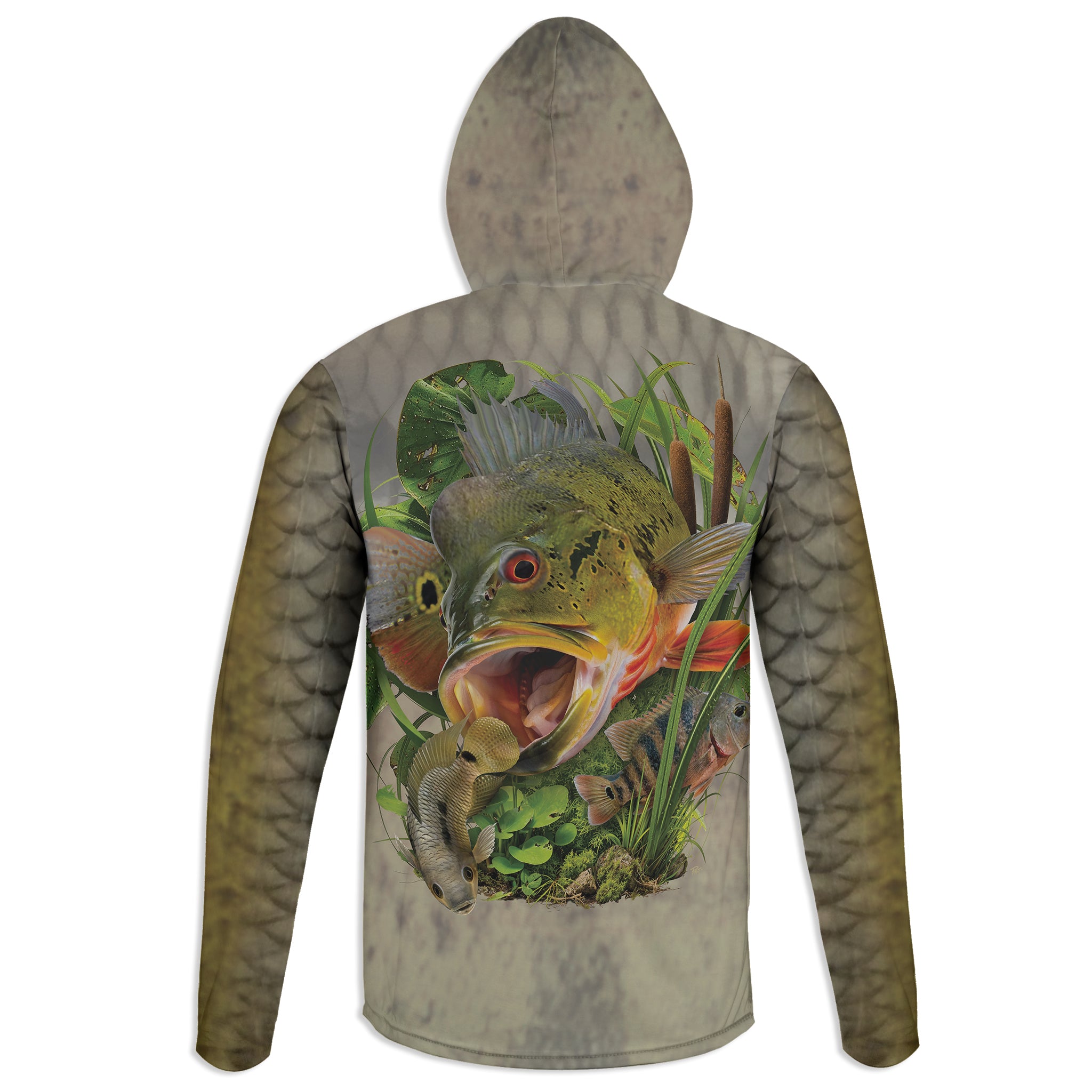 Peacock and Black Acara - Unisex Long Sleeve Sun Proof Performance Fishing Top with built in Hoodie and Gaiter (short sleeve option also available)