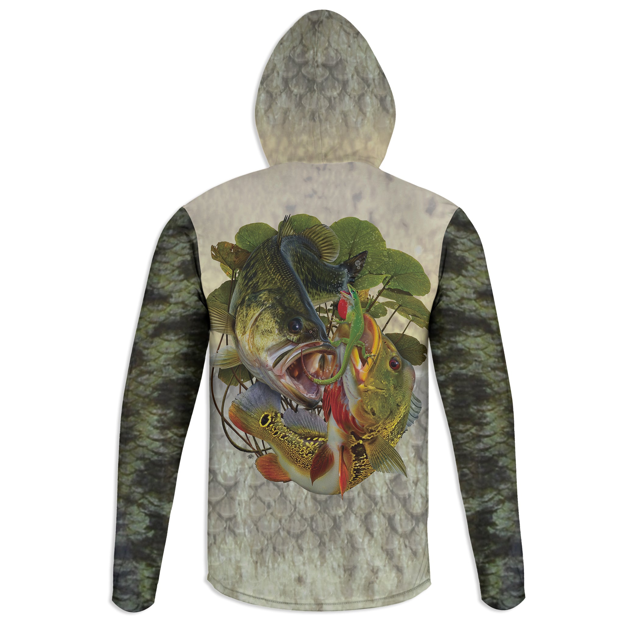 Peacock vs Bass - Unisex Long Sleeve Sun Proof Performance Fishing Top with built in Hoodie and Gaiter (short sleeve option also available)