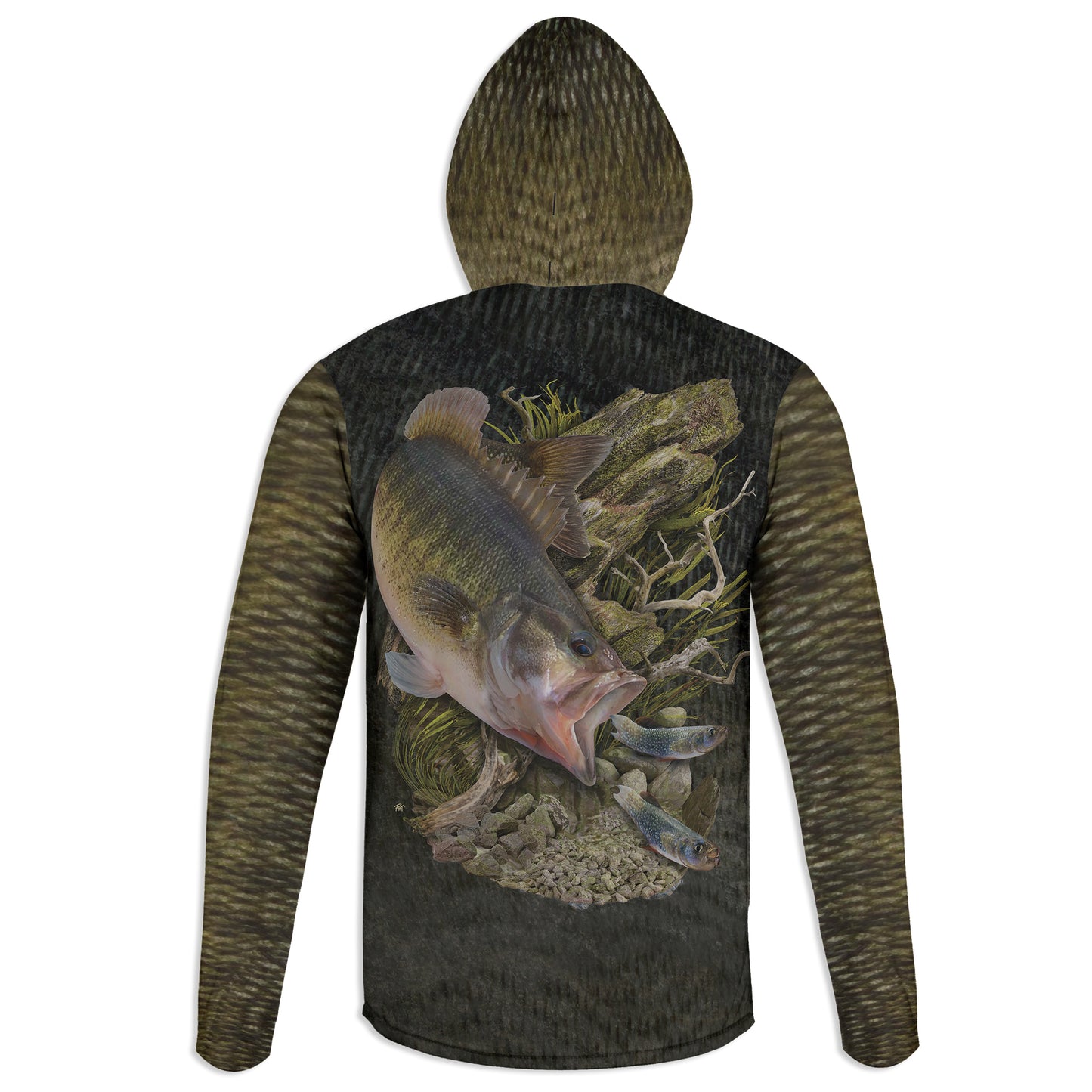 Shoal Bass - Unisex Long Sleeve Sun Proof Performance Fishing Top with built in Hoodie and Gaiter (short sleeve option also available)