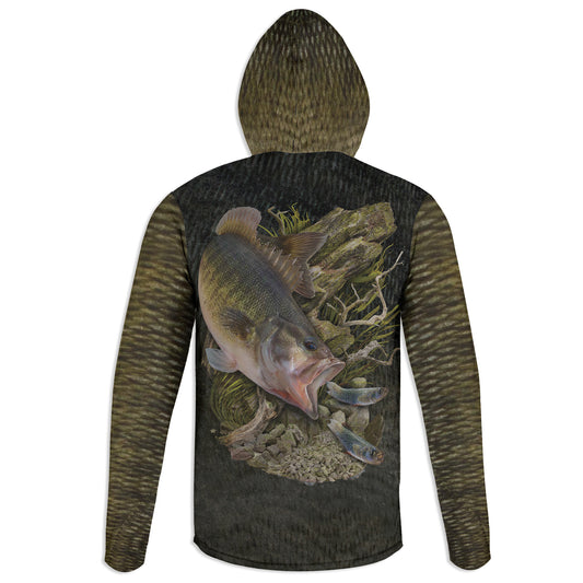 Shoal Bass - Unisex Long Sleeve Sun Proof Performance Fishing Top with built in Hoodie and Gaiter (short sleeve option also available)