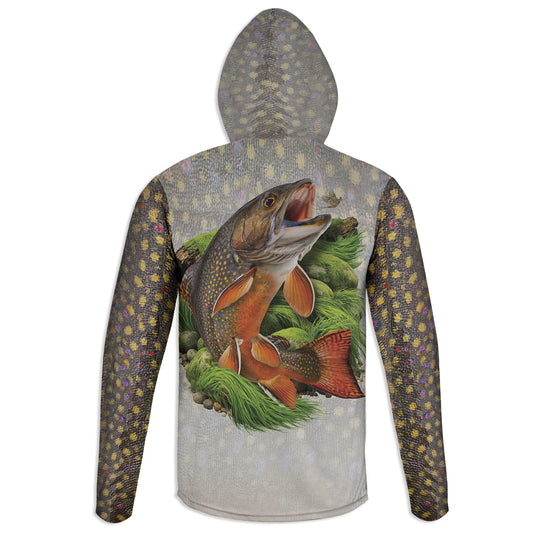 Brook Trout and Nymph - Unisex Long Sleeve Sun Proof Performance Fishing Top with built in Hoodie and Gaiter (short sleeve option also available)