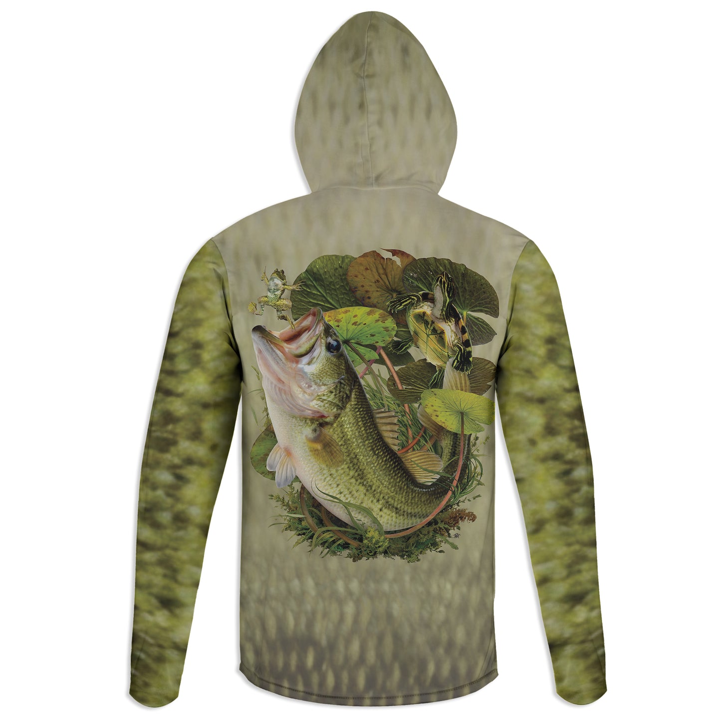 Bass and Frog - Unisex Long Sleeve Sun Proof Performance Fishing Top with built in Hoodie and Gaiter (short sleeve option also available)