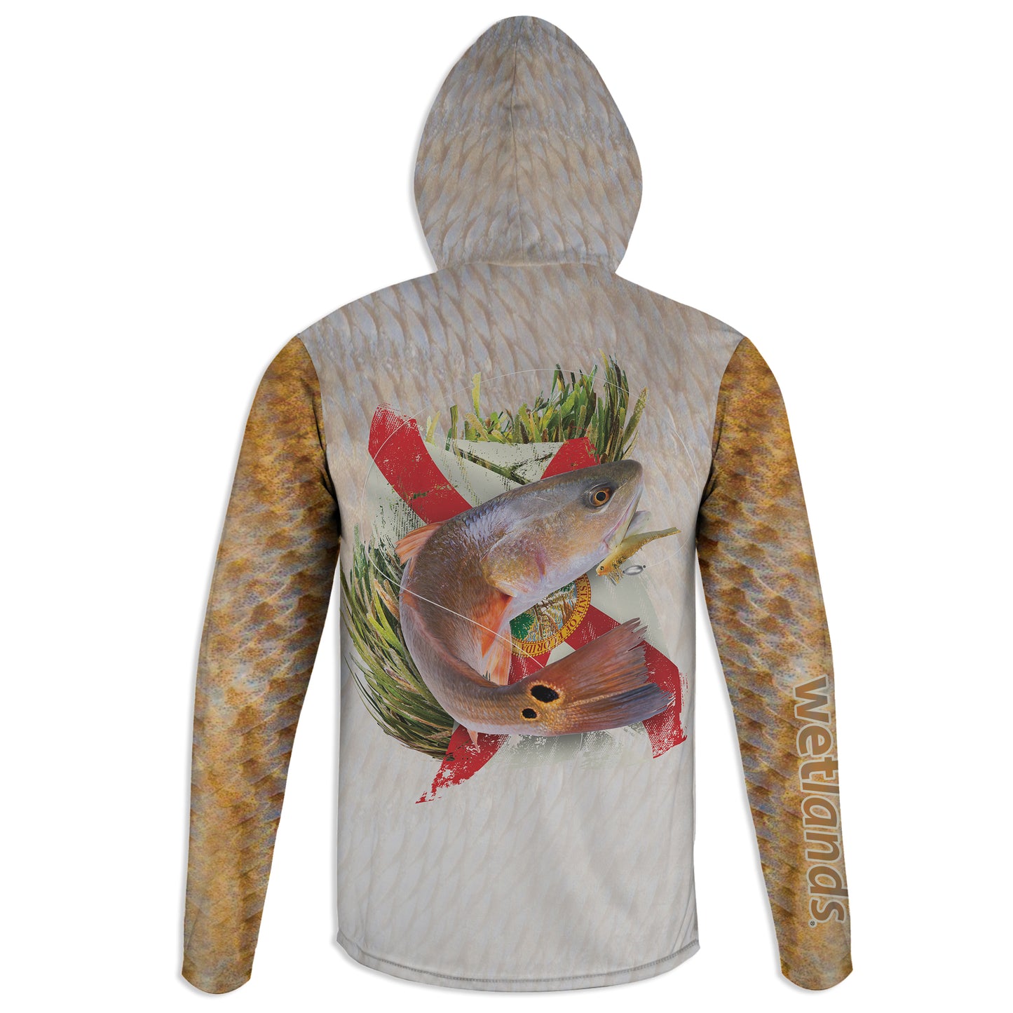 Florida Redfish - Unisex Long Sleeve Sun Proof Performance Fishing Top with built in Hoodie and Gaiter (short sleeve option also available)