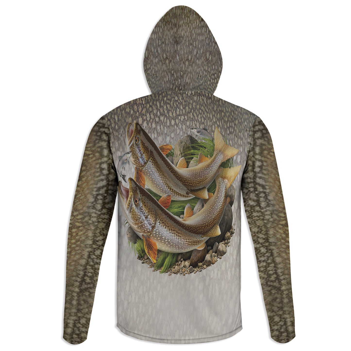 Lake Trout - Unisex Long Sleeve Sun Proof Performance Fishing Top with built in Hoodie and Gaiter (short sleeve option also available)