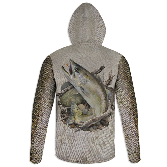 Chinook Salmon - Unisex Long Sleeve Sun Proof Performance Fishing Top with built in Hoodie and Gaiter (short sleeve option also available)