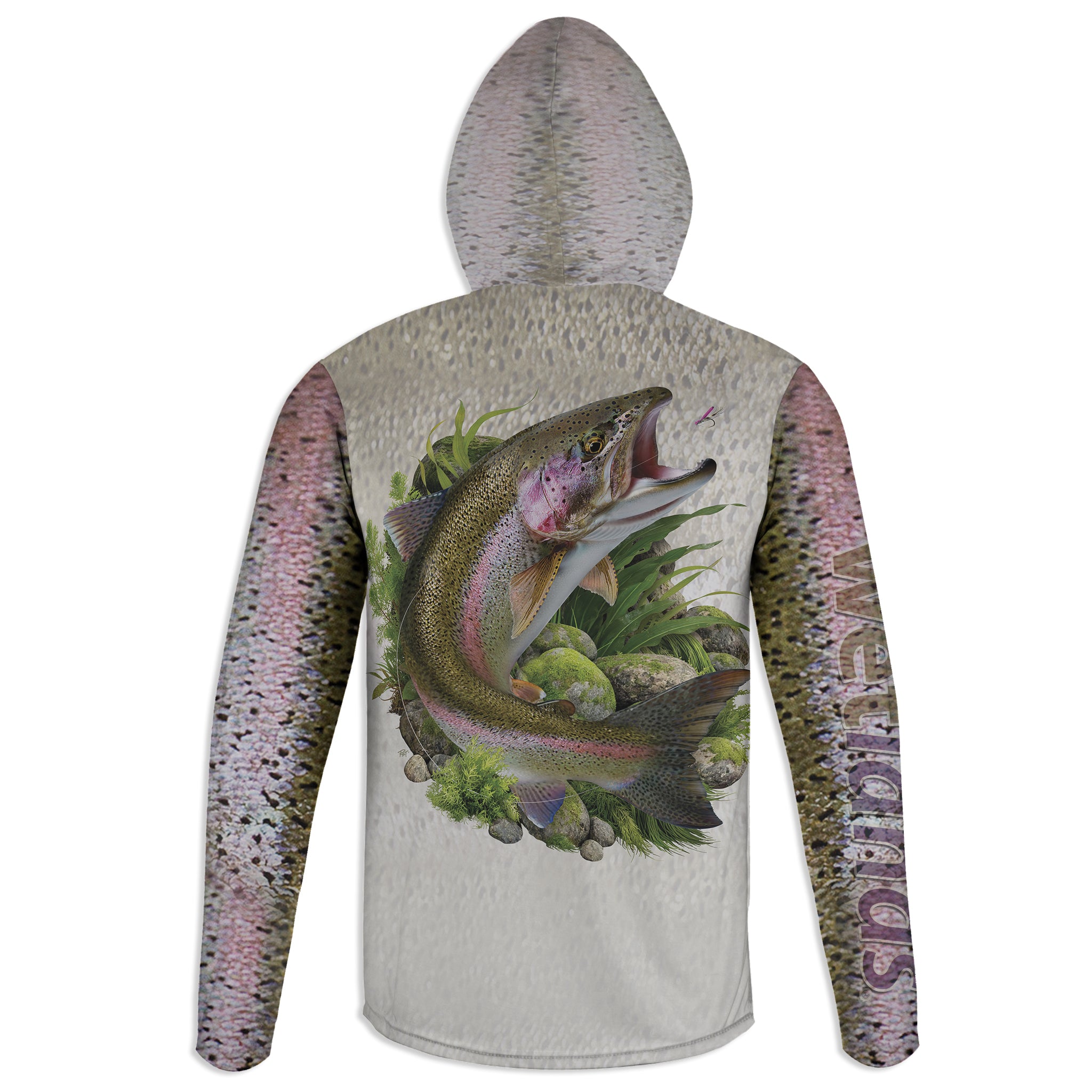 Rainbow Trout - Unisex Long Sleeve Sun Proof Performance Fishing Top with built in Hoodie and Gaiter (short sleeve option also available)