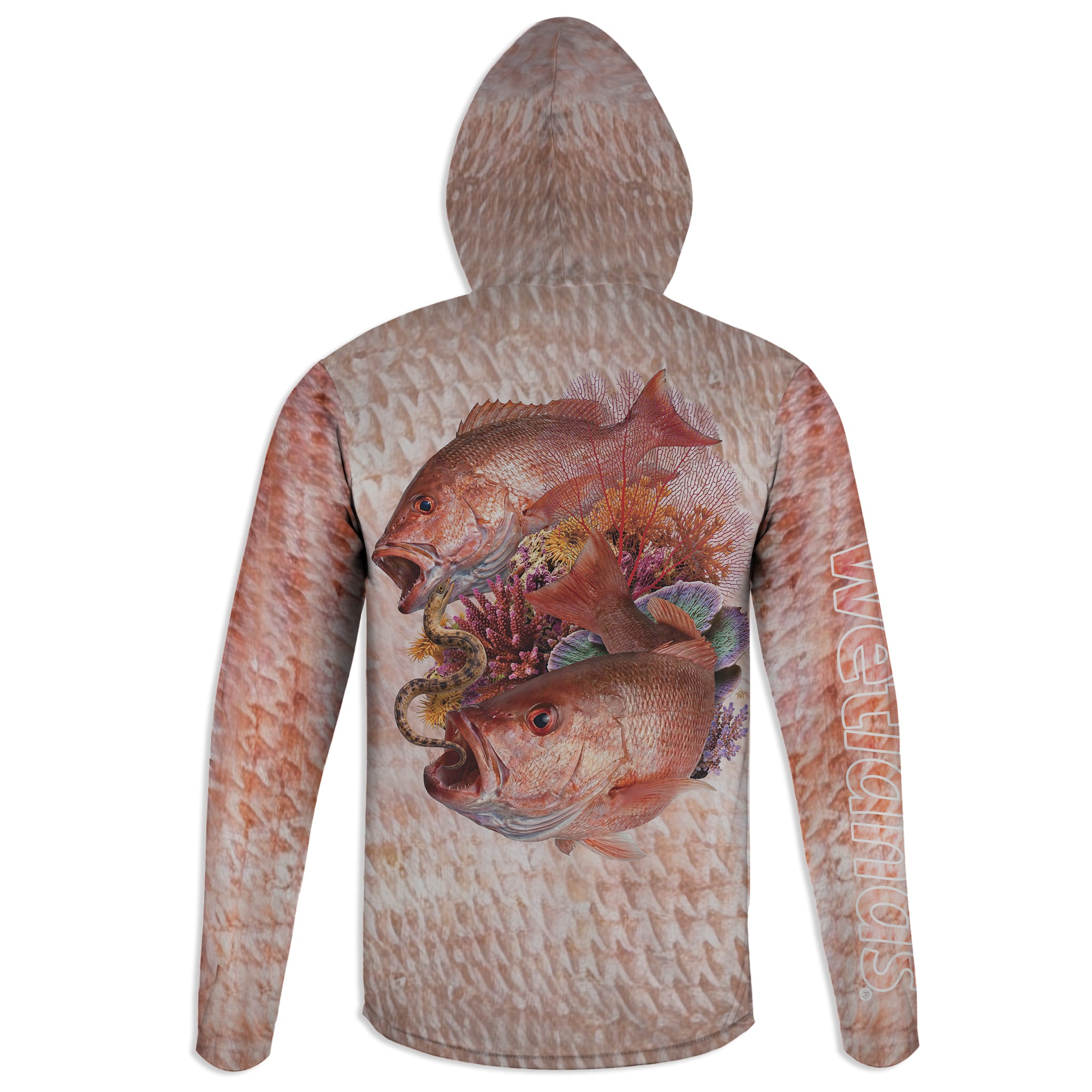 Red Snapper and Snake Eel - Unisex Long Sleeve Sun Proof Performance Fishing Top with built in Hoodie and Gaiter (short sleeve option also available)