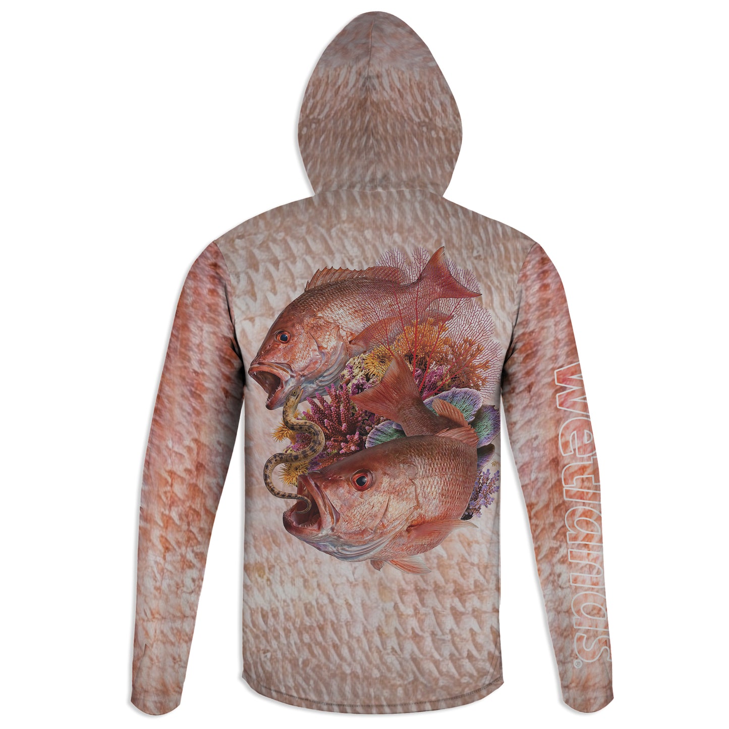 Red Snapper and Snake Eel - Unisex Long Sleeve Sun Proof Performance Fishing Top with built in Hoodie and Gaiter (short sleeve option also available)