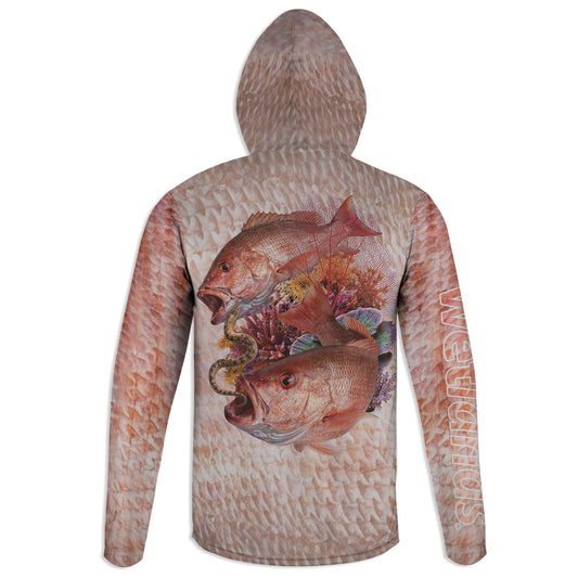 Red Snapper and Snake Eel - Unisex Long Sleeve Sun Proof Performance Fishing Top with built in Hoodie and Gaiter (short sleeve option also available)
