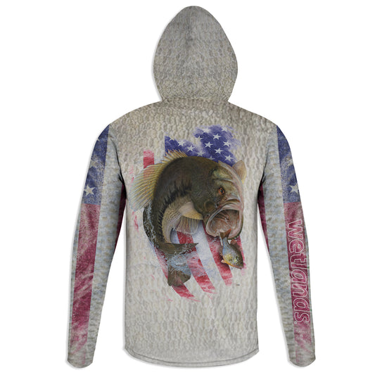 American Bass - Unisex Long Sleeve Sun Proof Performance Fishing Top with built in Hoodie and Gaiter (short sleeve option also available)