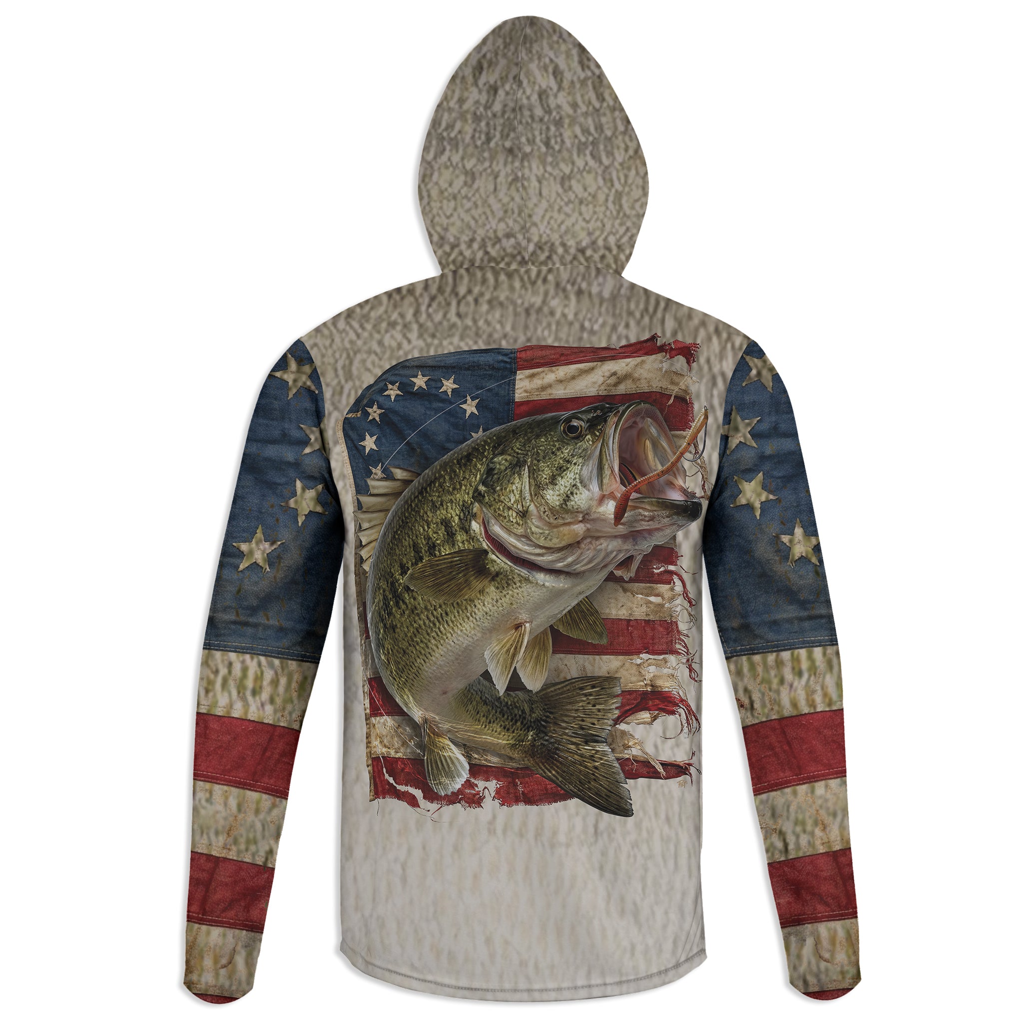 Betsy Ross Bass - Unisex Long Sleeve Sun Proof Performance Fishing Top with built in Hoodie and Gaiter (short sleeve option also available)