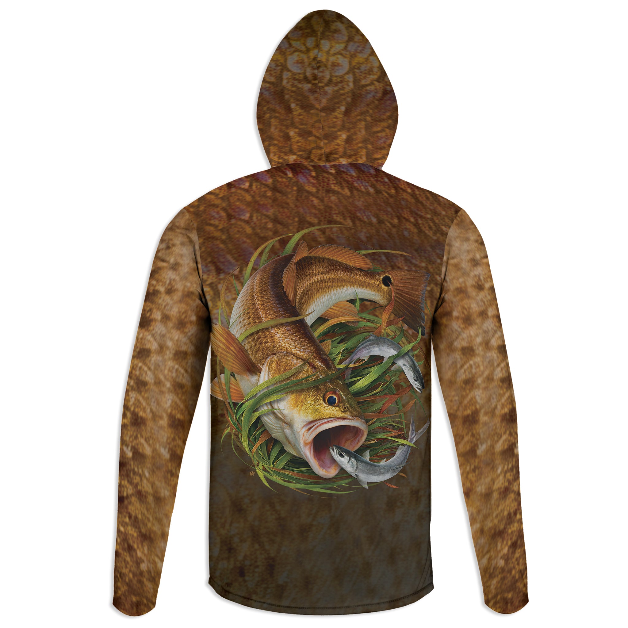 Redfish and Ladyfish - Unisex Long Sleeve Sun Proof Performance Fishing Top with built in Hoodie and Gaiter (short sleeve option also available)