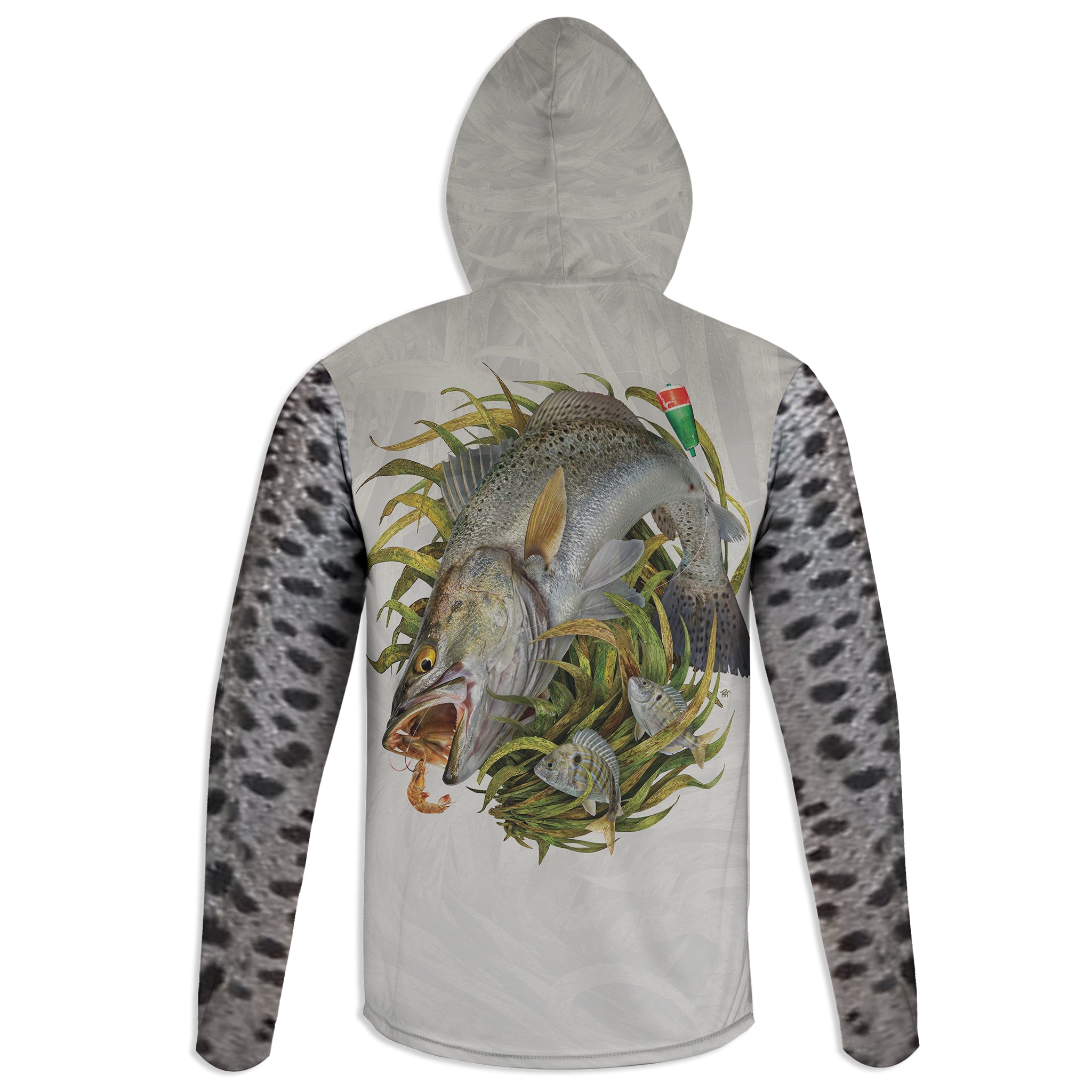 Spec on Shrimp - Unisex Long Sleeve Sun Proof Performance Fishing Top with built in Hoodie and Gaiter (short sleeve option also available)
