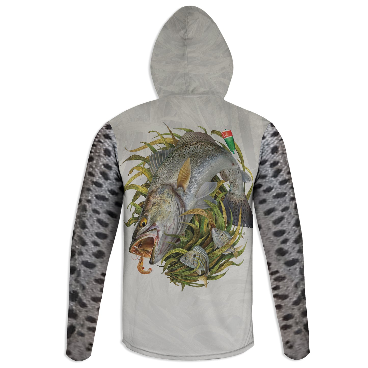 Spec on Shrimp - Unisex Long Sleeve Sun Proof Performance Fishing Top with built in Hoodie and Gaiter (short sleeve option also available)
