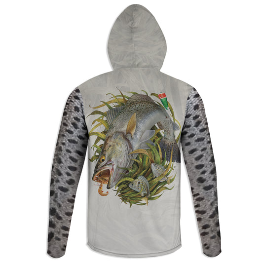 Spec on Shrimp - Unisex Long Sleeve Sun Proof Performance Fishing Top with built in Hoodie and Gaiter (short sleeve option also available)