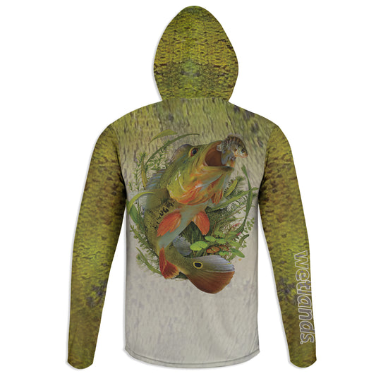 Peacock and Bluegill - Unisex Long Sleeve Sun Proof Performance Fishing Top with built in Hoodie and Gaiter (short sleeve option also available)