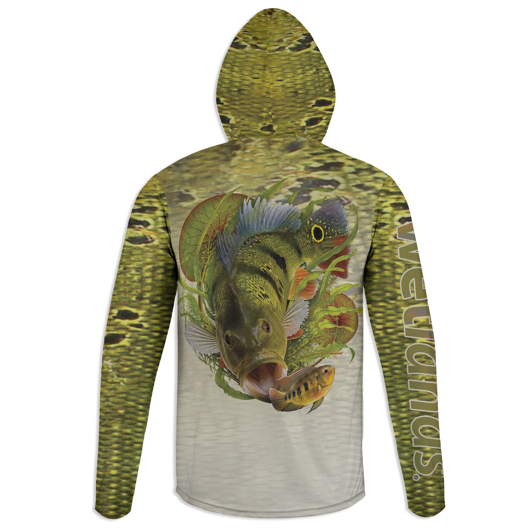 Peacock and Spotted Tilapia - Unisex Long Sleeve Sun Proof Performance Fishing Top with built in Hoodie and Gaiter (short sleeve option also available)