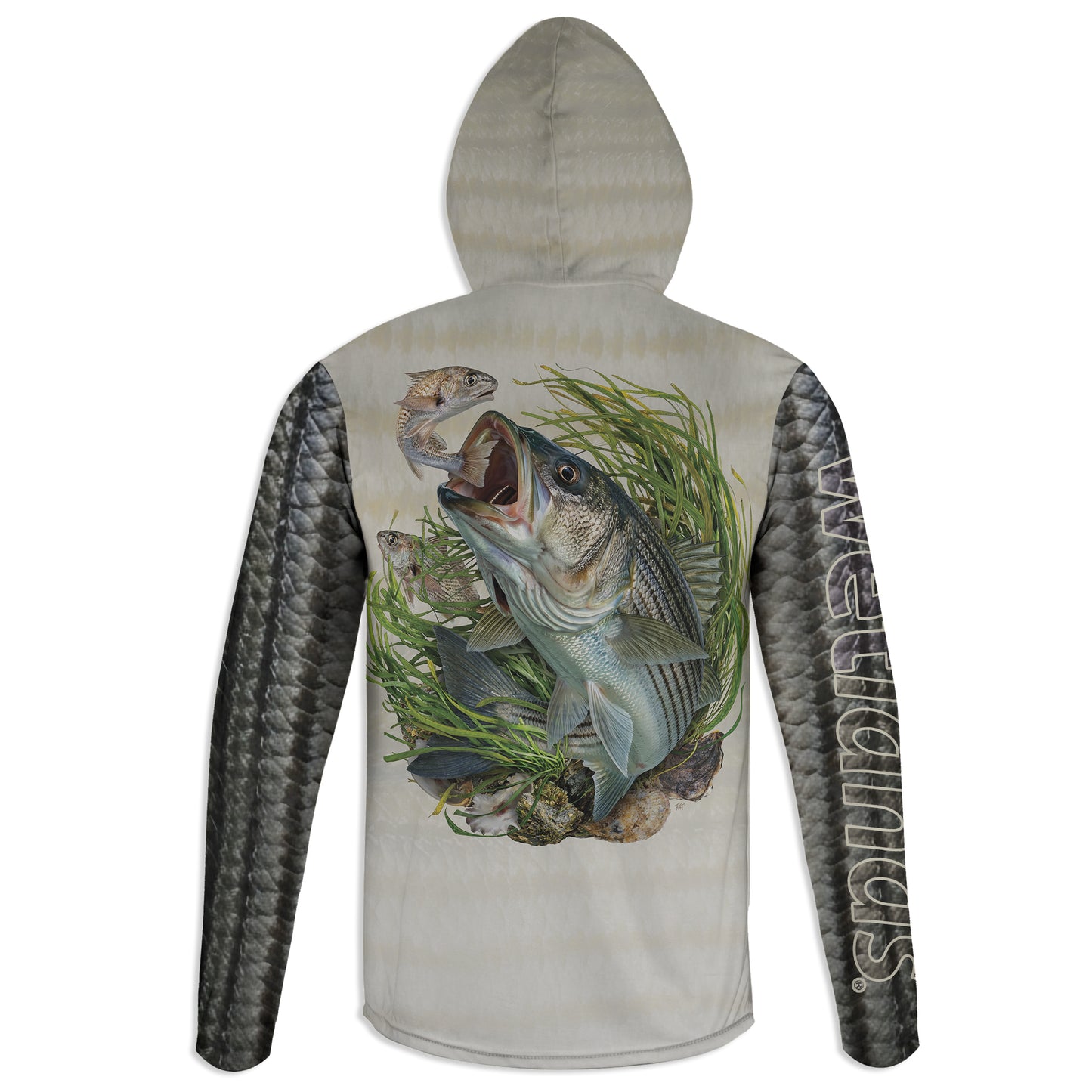 Striped Bass and Croaker  - Unisex Long Sleeve Sun Proof Performance Fishing Top with built in Hoodie and Gaiter (short sleeve option also available)