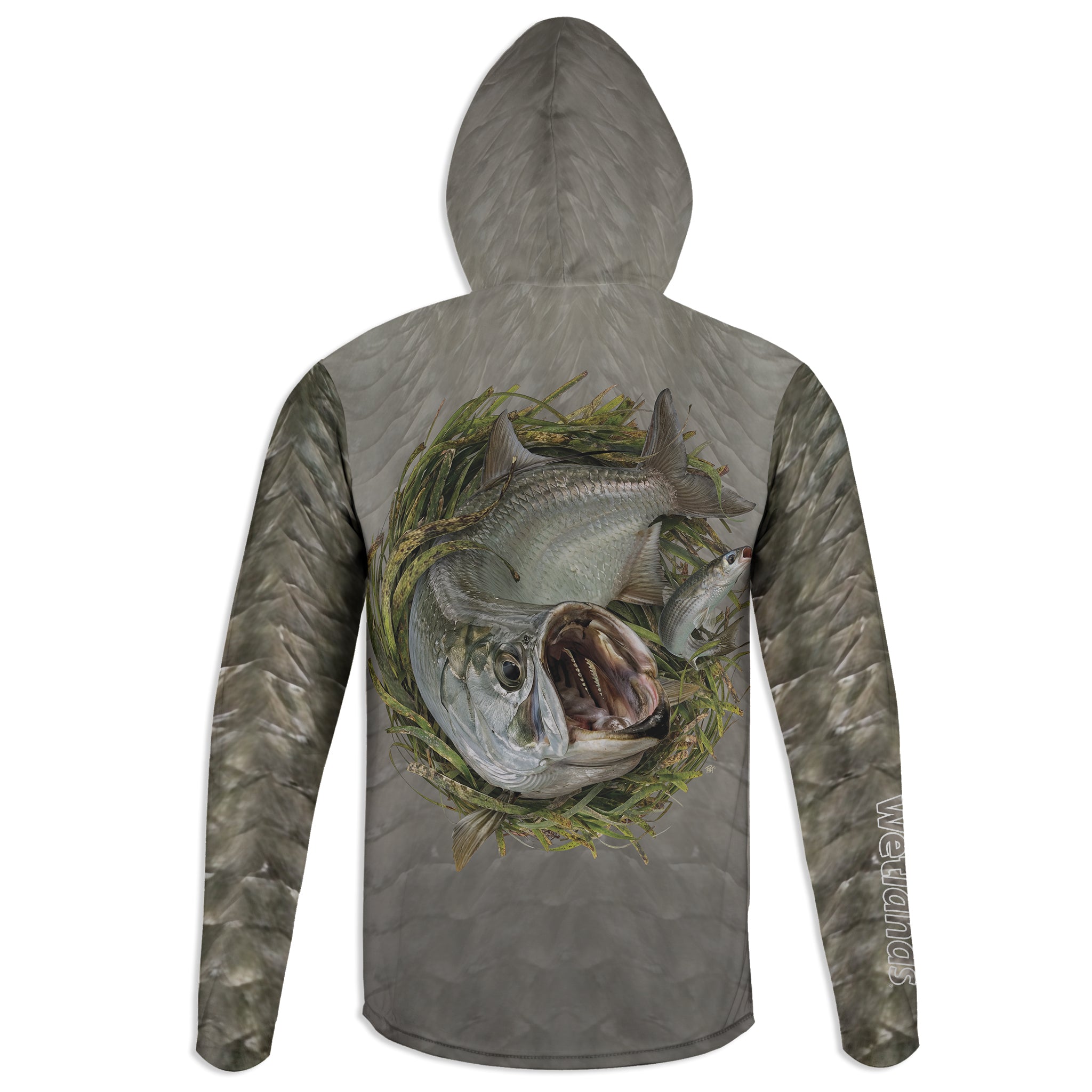 Tarpon and Striped Mullet  - Unisex Long Sleeve Sun Proof Performance Fishing Top with built in Hoodie and Gaiter (short sleeve option also available)