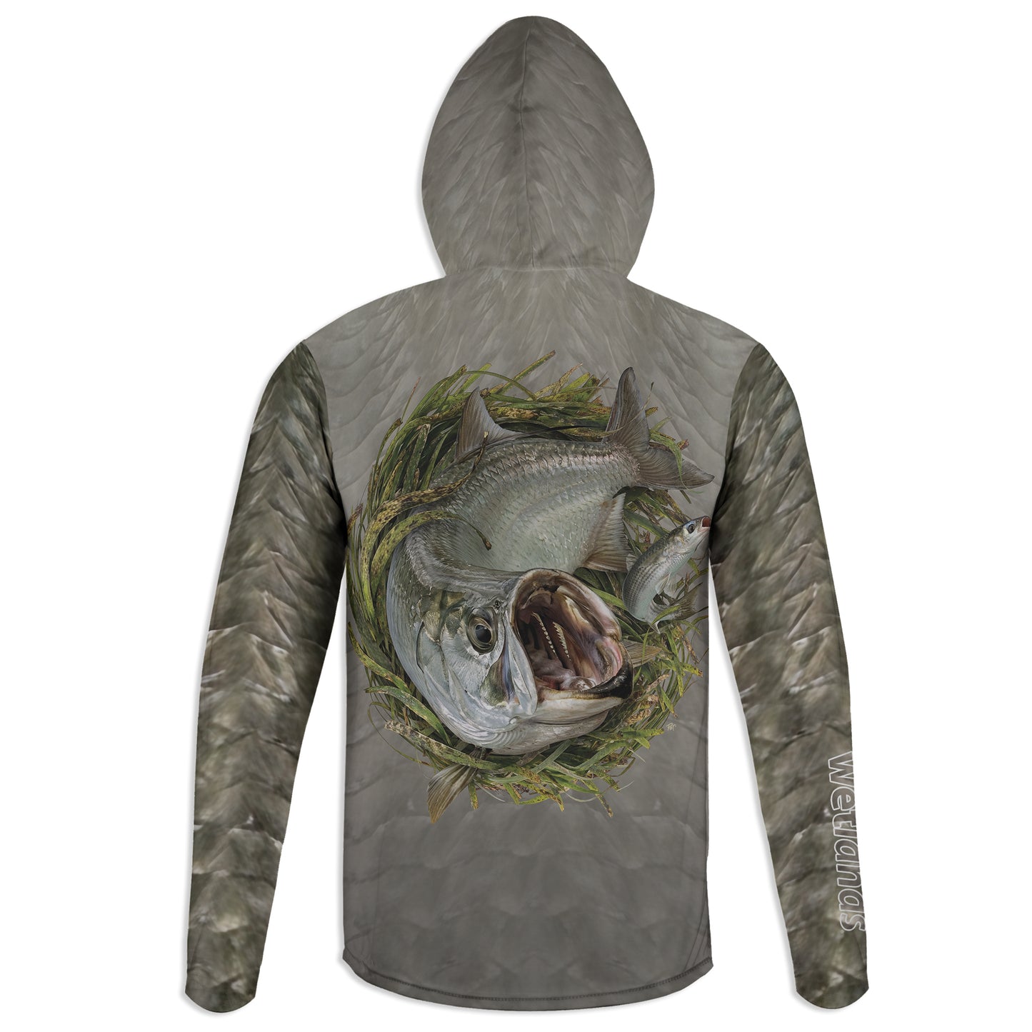 Tarpon and Striped Mullet  - Unisex Long Sleeve Sun Proof Performance Fishing Top with built in Hoodie and Gaiter (short sleeve option also available)