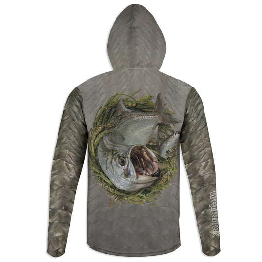 Tarpon and Striped Mullet  - Unisex Long Sleeve Sun Proof Performance Fishing Top with built in Hoodie and Gaiter (short sleeve option also available)